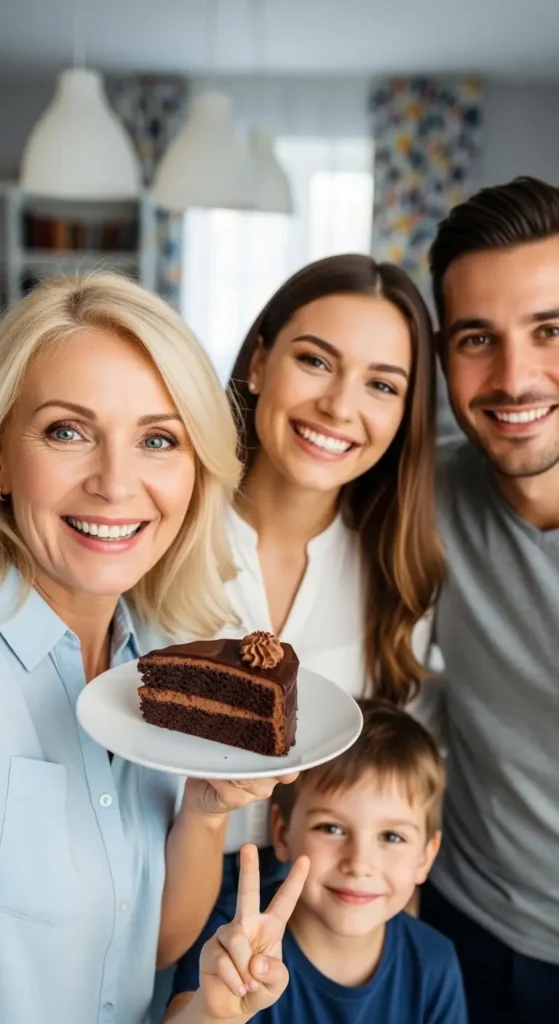 Happy woman sharing a chocolate cake with her son and grandson after following a natural blood sugar ritual.